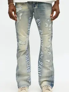 Men's Embroidered Denim Jeans, Loose-Fitting Flare Pants, Button Fly Closure, Y2K Stacked Style, All Seasons Wear, Casual Fit