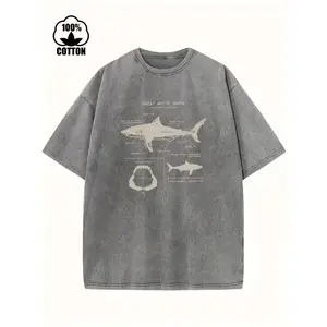 Great White Shark Print Vintage Acid Washed T-Shirt For Men, Suitable For Summer Streetwear Crewneck graphic tee