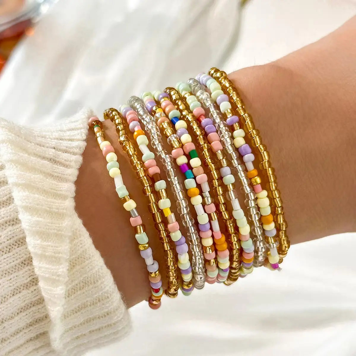 Viral Trend Boho Y2K Friendship Bracelet Stack Set, 11Pcs Colorful Crystal Glass Rice Bead Handmade Elastic Nickel-Free Stretch Bracelet, Lightweight All-Match Multi-Layer Jewelry for Daily Wear, Beach Vacation, Party & BFF Gift