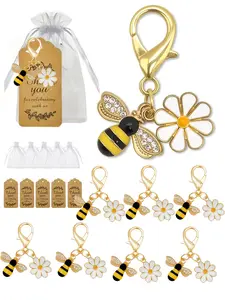 Alloy Enamel Bee & Daisy Keychain, Fashionable Alloy Keychain, Keychain Jewelry, Thank You Cards Gift Set, 5 Lobster Clasp Bee Keychains, 5 Tag Cards, 5 Organza Bags, Bee Sunflower Keyring, White Daisy Zipper Pull Charms, Gift for Party, Teacher Day