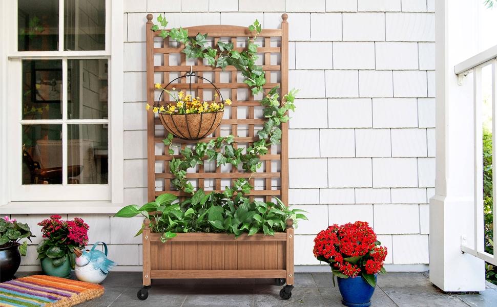 【4 Universal Castors】Yaheetech 75/50" H Horticulture Garden Planter with Trellis for Vine Climbing Plants Garden Box Outdoor w/Drainage Holes Raised Garden Bed Garden Planter Box for Flowers