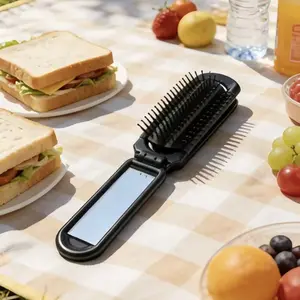 Folding Hair Brush with Mirror, Travel Size Detangler Comb