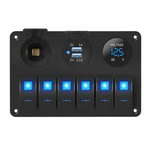 6 Gang Marine Rocker Switch Panel Waterproof 12 Volt, Boat Toggle Switch Panel 12V Blue LED Lighted for Boat Car RV UTV with USB Cigarette Lighter Socket Voltmeter