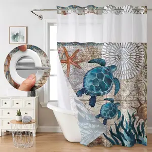 No Hook Shower Curtain with Snap in Liner, Waffle Turtle and Modern Waterproof Bathroom Curtain, BtahroomAccessory for Home