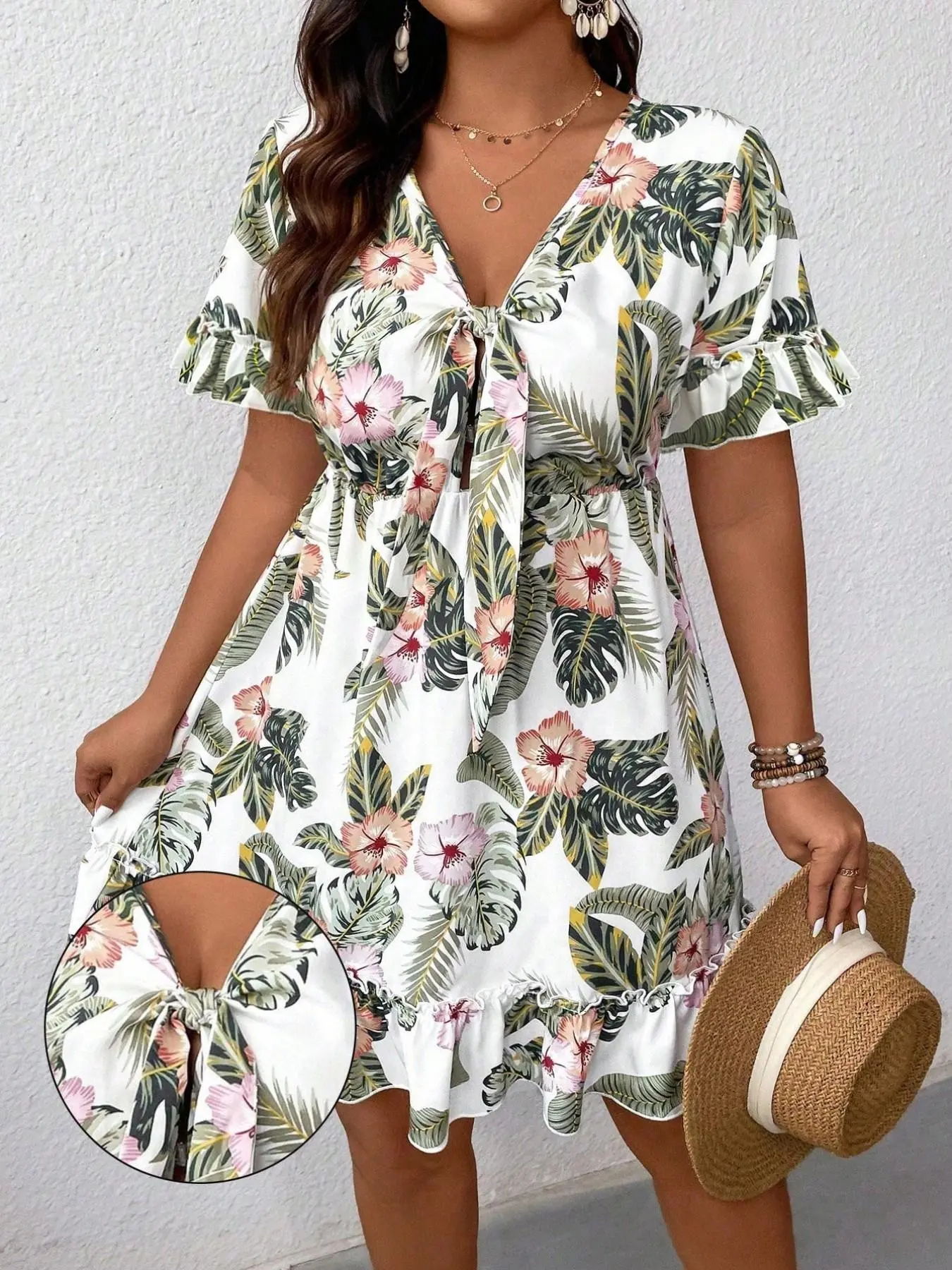 Women's Plus Size Lightweight Tummy Control Tropical Floral Mini Dress Tie Front V-Neck Flutter Sleeve Ruffle Hem Beach Vacation Summer Sundress Hawaiian Luau Outfits Casual Flowy Resort Wear Boho Print Dresses, Bohemian Floral Dress