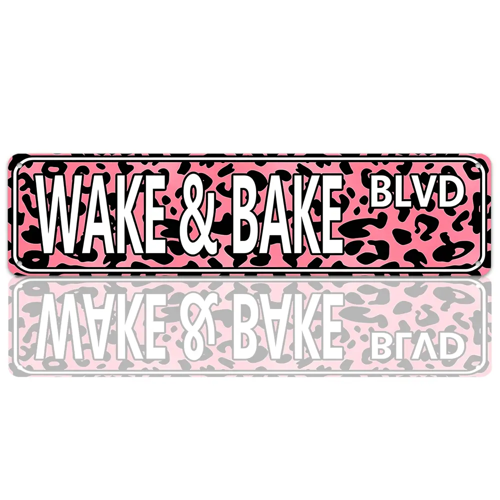 Pink Leopard Print "Wake & Bake Blvd" Sign 16×4 Inch Flat Aluminum Metal Sign, Bold Girly Stoner Vibe, Indoor/Outdoor Bedroom & Dorm Decor, Trendy Cannabis Culture Gift, Top Selling Novelty Wall Art