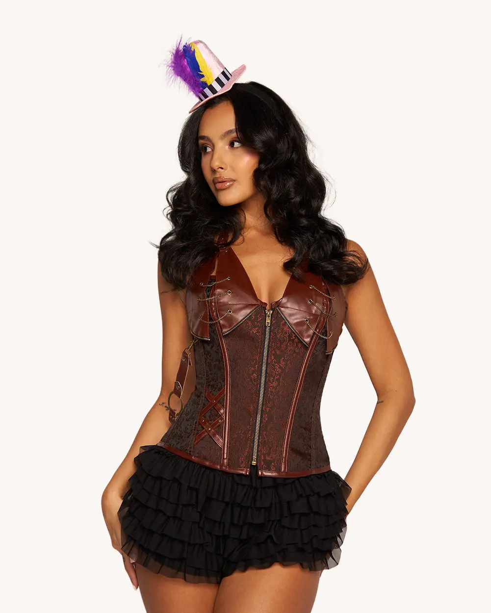 iHeartRaves Women's Mad Hatter Halter Neck Corset Top - Festival Wear, Adjustable Lace-Up, Front Zipper, Customizable Fit, Body Contouring, Sleeveless, Women's Tank Top