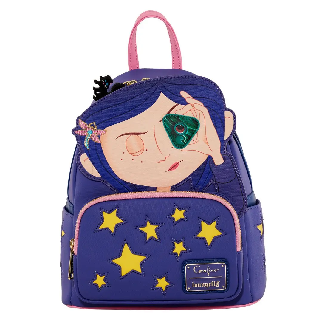 Loungefly Laika Coraline Jones Cosplay Mini Backpack, Compact Faux Leather Bag with Glow in the Dark Stars, Graphic Collectibles for Everyday Carry, Casual, Lightweight, Artsy Bag