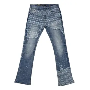BLACK LIGHT MEN'S FLARE JEANS WITH RHINESTONES BLUE BL-70126