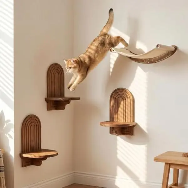 Rustic Cat Wall Shelves, Farmhouse Style Wooden Cat Furniture with Hammock, Space-Saving Cat Climbing System & Floating Perch for Indoor Cats#SummerSale