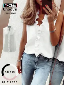 Women's Fashion Basic Solid Sleeveless Top, Ruffled V-Neck Design, Slim Fit, Casual Commuter Wear, Versatile Daily Clothing, Womenswear