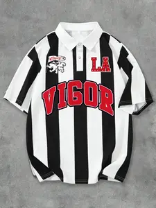 2026 Spring Summer Unisex Los Angeles Street Style Casual Streetwear Polo Shirt, Vintage Striped Design with Lion Emblem, Academy Wind, City Exploration
