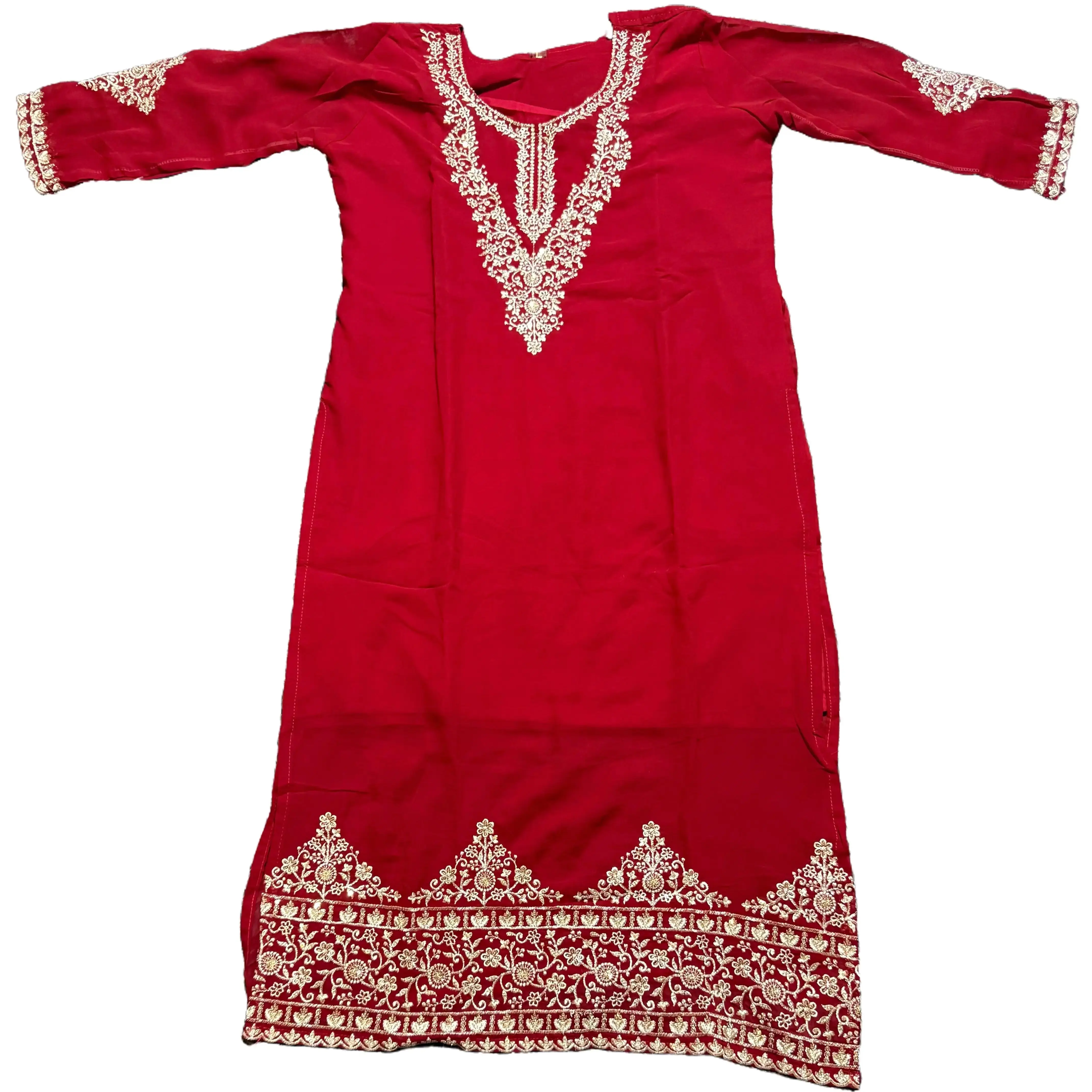 Women's Traditional 3-Piece Georgette Thread Work Kurta Clothes Set - Elegant Embroidered Top, Matching Straight Pant for Lady with Timeless Elegance