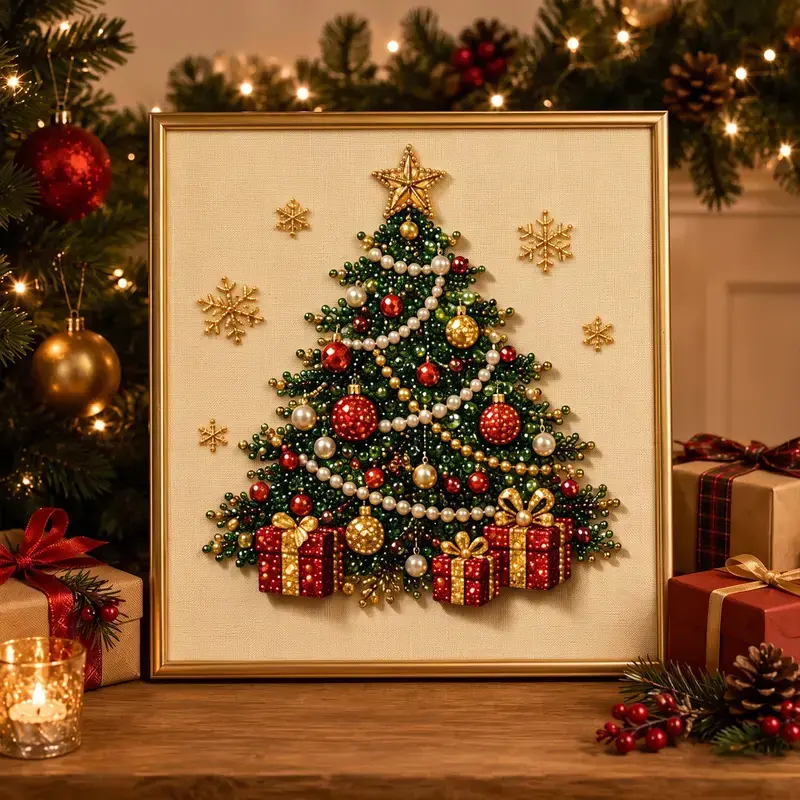 No Physical Frame (Printed Frame Effect) Christmas Themed Pearl Art DIY Kit - 3D Diamond Painting Craft for Beginners, Warm Cute Home Decor Wall Art, Seasonal Party Gift