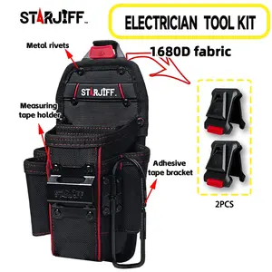 STARJIFF Electrician's Mini Tool Kit with belt clip, tape measure sleeve, tape hanger, 5 pockets, and 1680D leather electrician's case, Tool Storage, Tool Bag Organizer, Tool Organizing Bag, suitable for electricians and carpenters