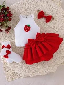 Baby Girl 5-Piece Set, Strawberry Embroidery Sleeveless Tank Top, Bow Tiered Dress, Hairband, Socks, Sweet Baby Fashion, Summer Giftsets