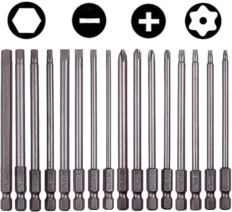 16-Piece Extended Shaft S2 Alloy Steel Screwdriver Bit Set, 4-in Magnetic Tips, 1/4-inch Hex Shank, Compatible with 99% of Power Tools, for Appliance Repair, Bicycles
