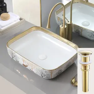 Ceramic Bathroom Vessel Sink - 20 x 16 inch, Above Counter, with Pop Up Drain, Exquisite Deer and Tree Design