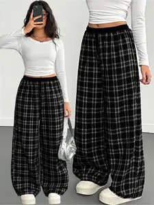 Women's Plaid Casual Fashion Pants, All-Season Fitted Drawstring Waist, Comfortable Street Style, Versatile Natural Waist Design