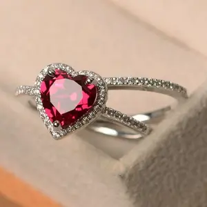 Red Heart Zircon Ring Couples Wedding Fashion Matching Band Stylish Dual Layer Ring