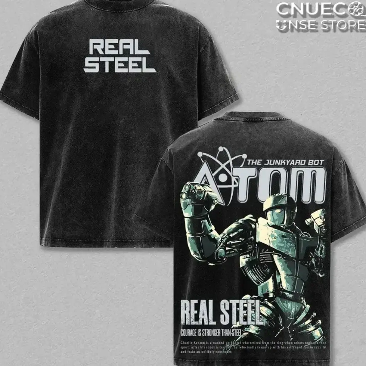 Atom – Real Steel Oversize Sci-Fi Graphic Tee, Acid Washed Heavy Cotton Shirt, Vintage Movie Streetwear, Unisex Casual Wear, Movie Merch, Robot Boxing T-Shirt Gift for Movie Fans CZD
