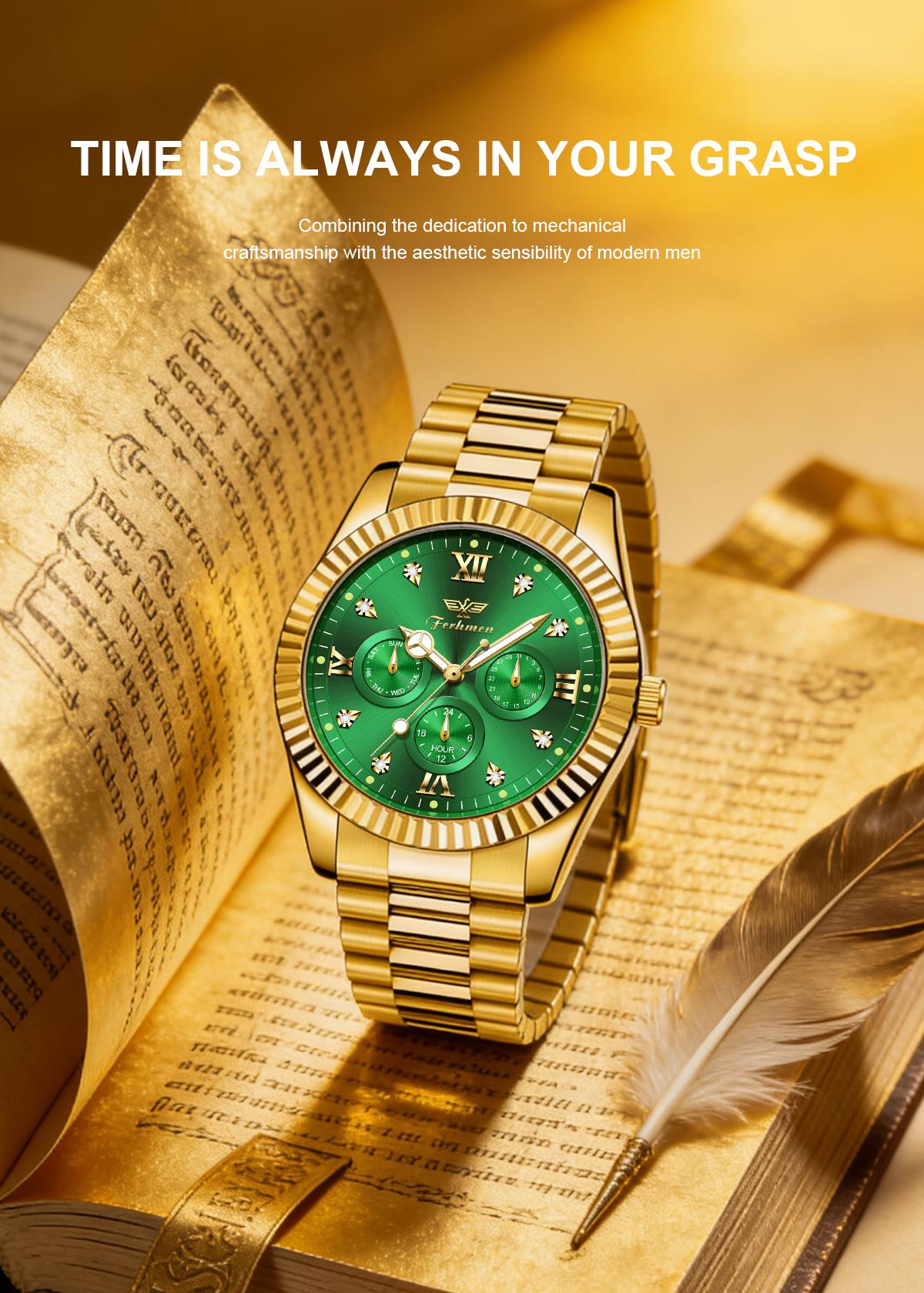 Ferhmen Men's Luxury Dress Watch, 41mm Gold Dial,Stainless Steel Band, Rotating Quartz Analog, relojhermoso, Waterproof & Lum, anniversary giftinous BigFace Wristwatch, Elegant Boss Style Watch