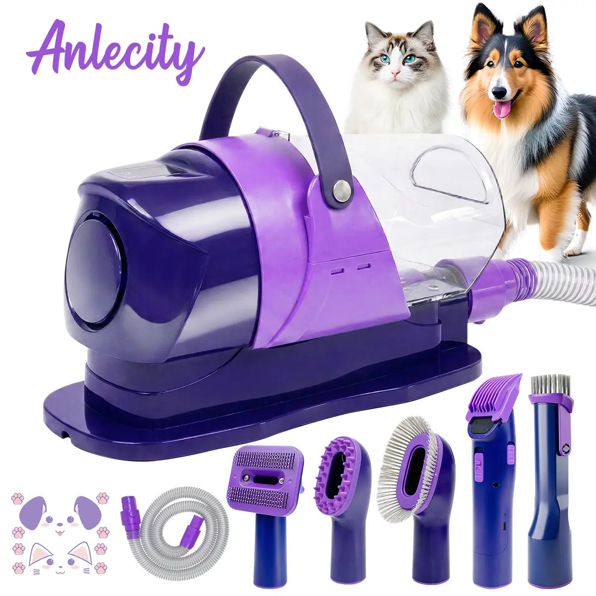 Anlecity Professional Dog Grooming Vacuum Kit Set - 3 Suction Modes, 6-in-1 Pet Groomer with 3L Large Cup, Cordless Clippers, 5 Grooming Tools, High-Efficiency Clean Hair System for Dogs