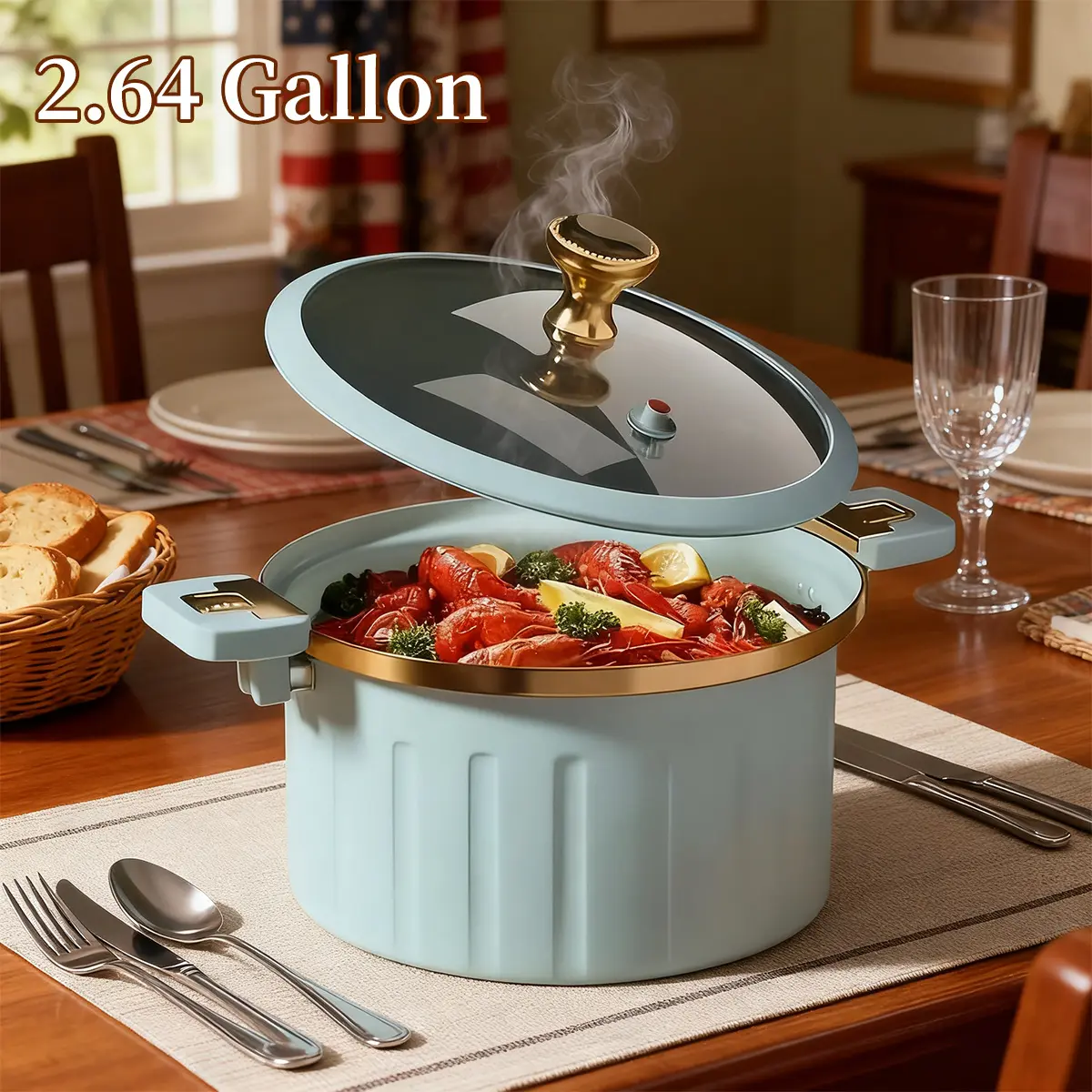 Large Capacity 2.64 Gallon Cast Iron Enamel Saucepan with Lock Lid - Non-Stick Dutch Oven Cooking Pot with Leak-Proof Heavy Duty Design with Sturdy Legs and Round Handle in Elegant White/Blue or Mint Green