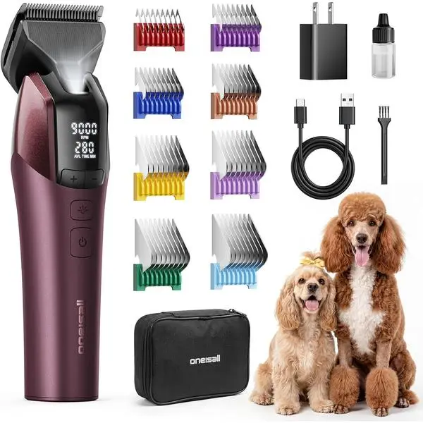 Professional Dog Clippers for Grooming Thick Hair, 9000RPM 5 Speed | 5 in 1 DLC Blade, 280min Cordless, Low Noise Dog Grooming Kit with 8 Metal Combs Carring Case for Dogs Cats Pet