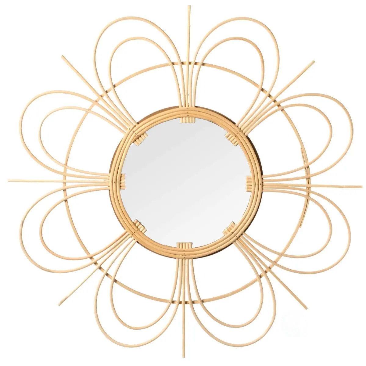Vintiquewise QI004163 Durable Flower-Shape Woven Rattan Round Modern Hanging Wall Mirror with J-Hook, Coastal Style Wall-Mount Decorative Accent Mirror for Home Decoration, Room Decor, Bohemian Charm Addition