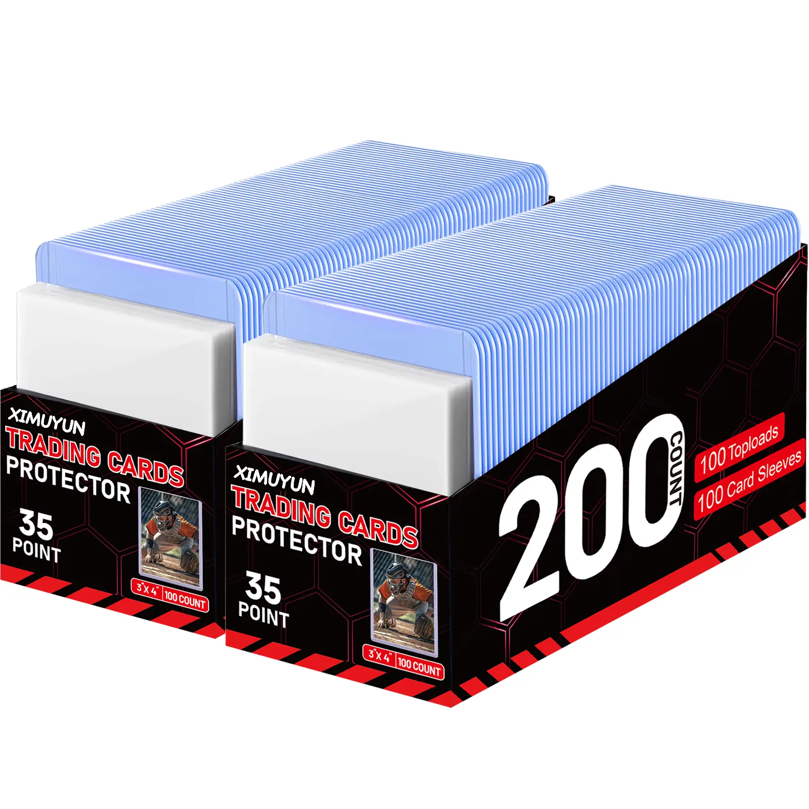 XimuYun 200ct Top loaders 35pt 3 "X 4", baseball card protective case hard plastic, used with trading card sports card holder, suitable for collection, football, basketball, and TGG(200 Toploads + 200 Sleeves)