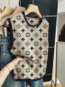 Women's Casual Fitted Knit Top, Spring Summer Round Neck Sleeveless Sweater Vests, Deep Blue Border Geometric Print, Fall Outerwear, Womenswear