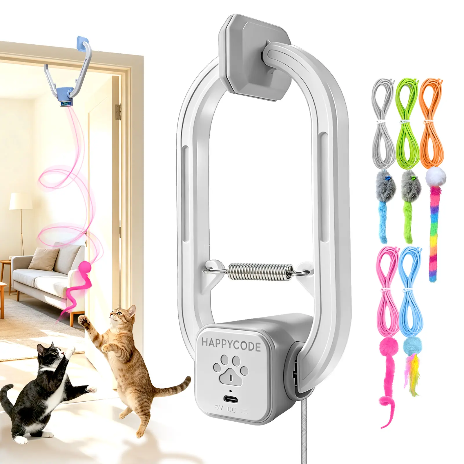HAPPYCODE Electric Cat Teaser Toy, Rechargeable Door-Mounted Interactive Cat Toy for Indoor Cats, 2 Play Modes, Adjustable String,  Cat Enrichment Toy to Keep Cats Active,International Cat Day,interactive cat toy,viral cat product,#backtoschool