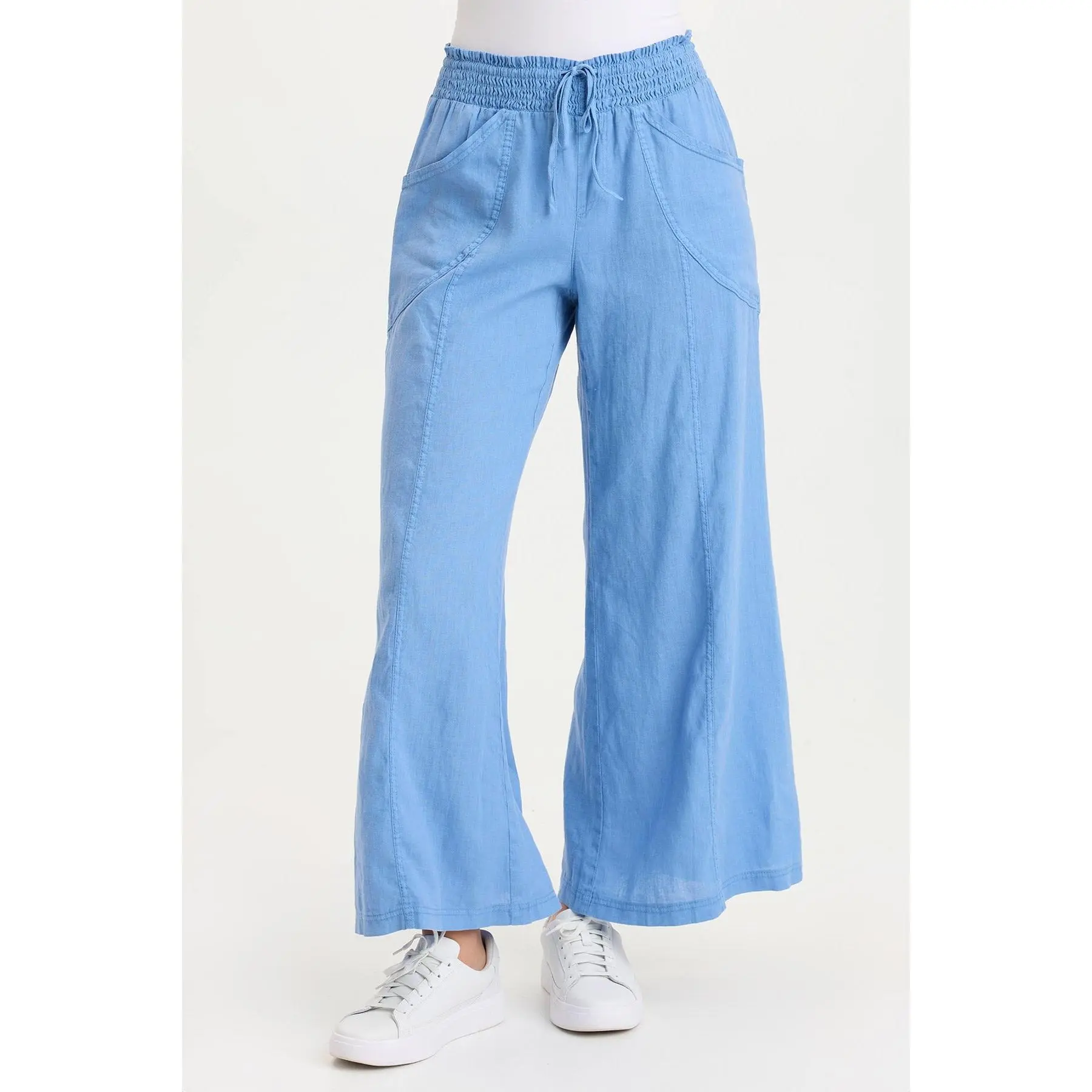 Pia Paper-Bag Waist Linen Wide Leg Pant