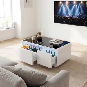 Smart Coffee Table, Living Room Table with Built in Fridge, 15W Wireless Charging, USB Chargers and Speakers