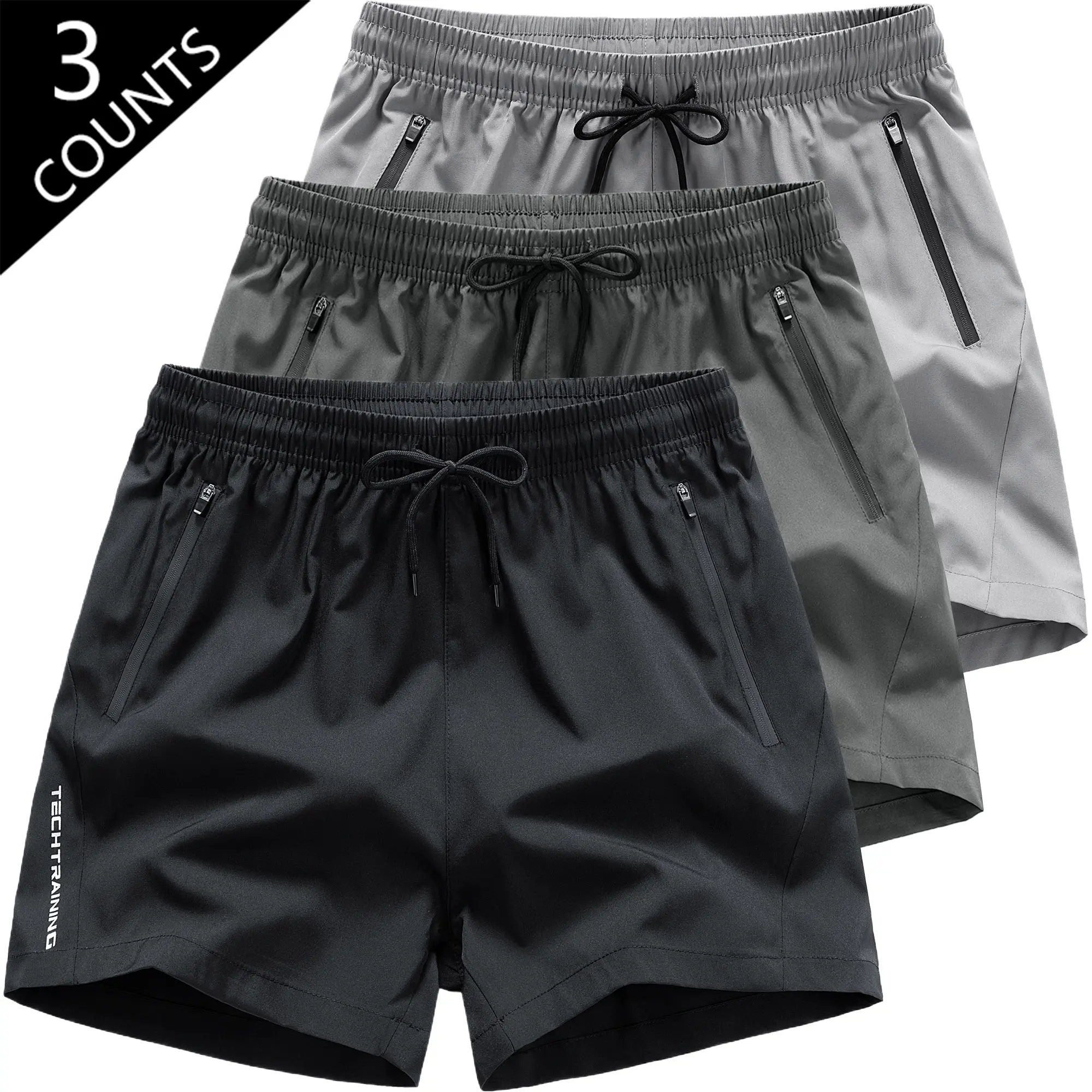 3-Pack Kids’ Quick-Dry Sports Shorts — Lightweight version with safety zipper pockets + breathable elastic waistband running shorts, suitable for school, soccer training, and everyday outdoor play