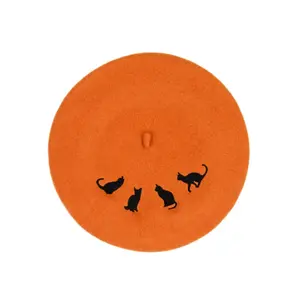 Orange Wool Embroidered Beret with Cat Design