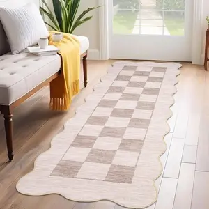 Garvee Washable Scalloped Runner Rug 2x6 - Modern Checkerboard Design, Non-Slip Entryway Hallway Rug, Soft, Non-Shedding, Foldable Low Pile Carpet for Indoor Use, Beige Kitchen Mat