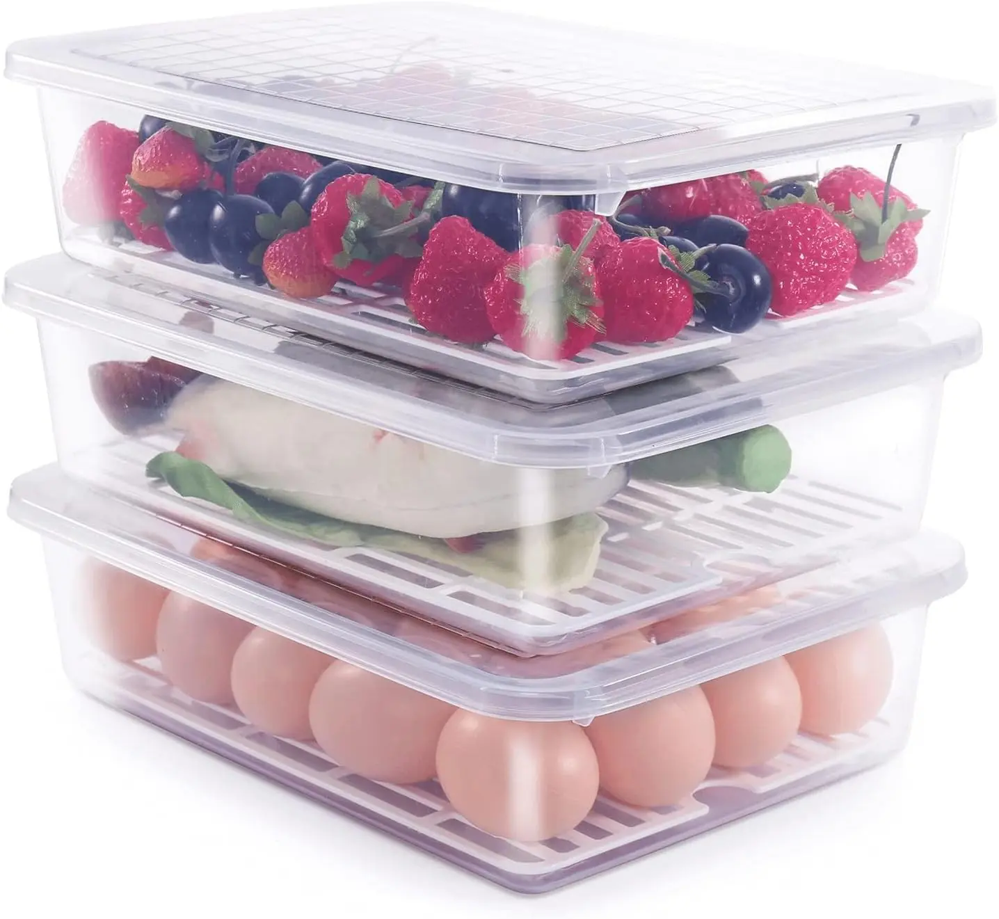 Food Storage Container, (3-Pack) Plastic Food Containers with Removable Drain Plate and Lid, Stackable Portable Freezer Storage Containers - Tray to Keep Fruits, Vegetables, Meat and More (Large)