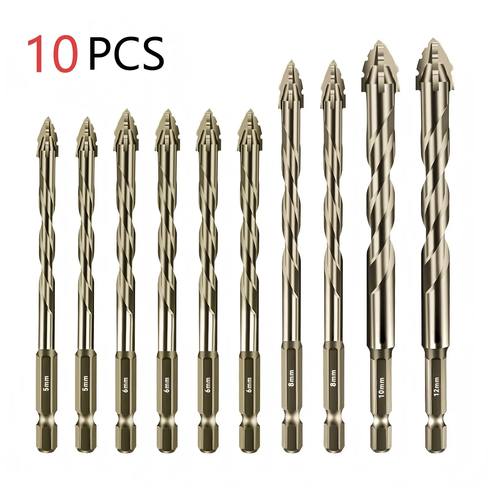 10-Piece Four-Blade Sawtooth Offset Drill Bit Set, Tile Drill Bits, 5-12mm, Durable, Efficient and Versatile for Concrete, Tile, Glass, Metal, Brick, Plastic, Wood
