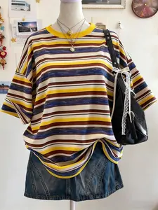 Vintage 90s Striped T-Shirt Top, Bold Blue Colors, Soft Fabric, Casual Street Style, Loose-Fitting, All Seasons
