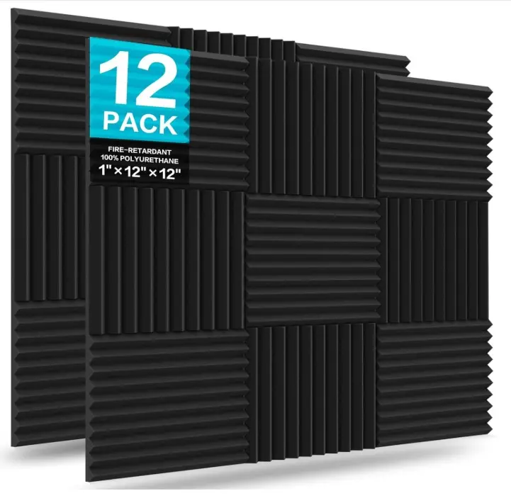 12 Pack Acoustic Foam Panels, 1" X 12" X 12" Studio Soundproofing Wedges Fire Resistant Sound Proof Padding Acoustic Treatment Foam (Black)