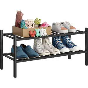 2tier bamboo shoe rack premium stackable shoe shelf storage organizer for hallway closet living room entryway organizer black bamboo