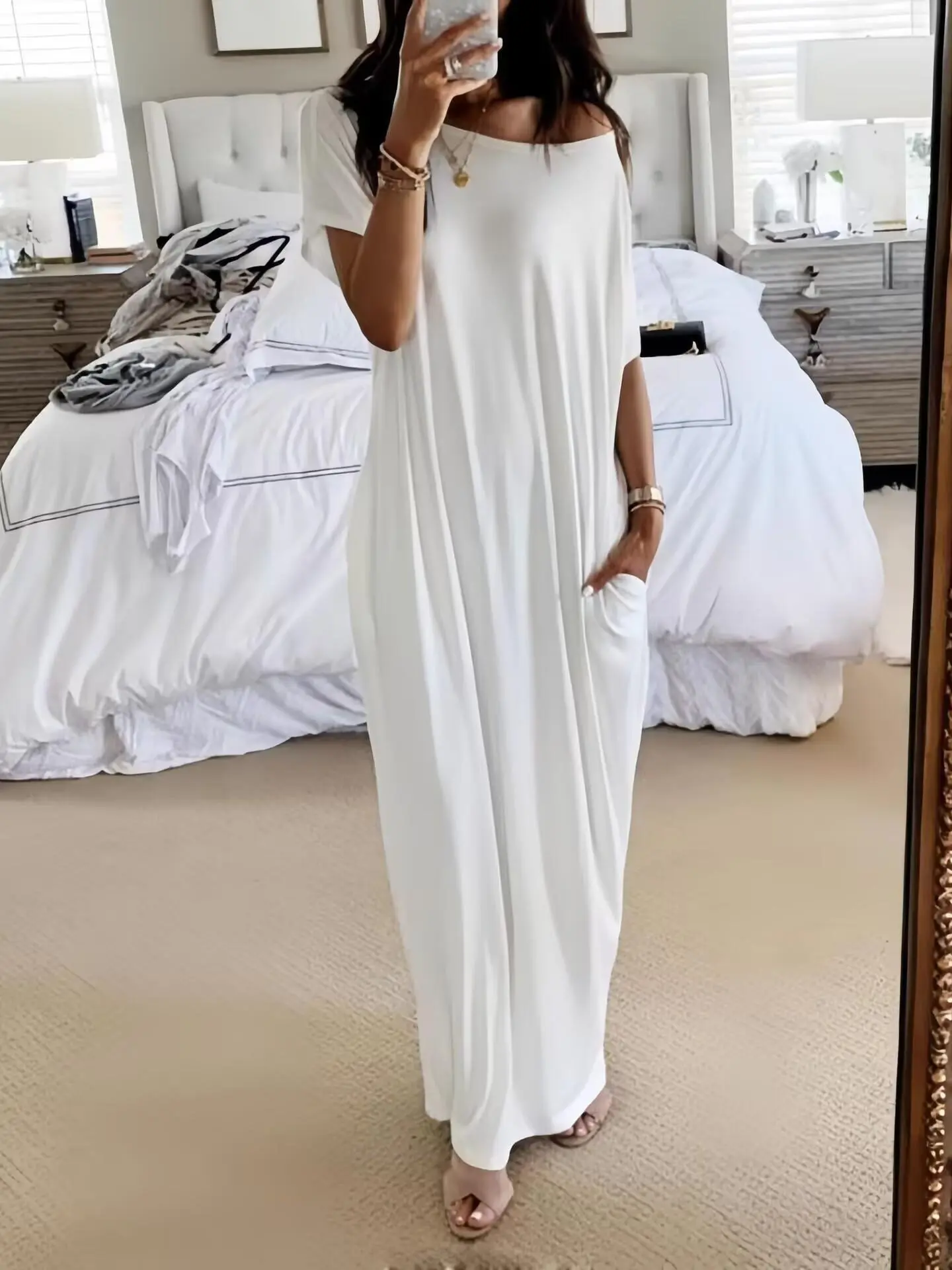 ELASWAVE Women's Solid Color Baggy Long Loungewear Dresses, Casual, Breathable, Bias Cut, Batwing Sleeves, Pockets, Lightweight, Elegant Evening Gown, Comfy Fabric, Stylish Maxi Pajamas beach
