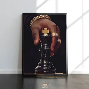 Chess King Black Art Poster UNFRAMED, Minimalist Black Man Print, Black Hand with Chess Figure Art, Dorm Game Room Decor, Black Art