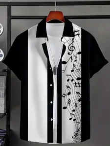 A Short-Sleeved, Oversized Men'S Shirt, Casual Printed Graphic Shirt, with a Musical Note Print And a Collar, Perfect for Music Enthusiasts to Wear at Casual Gatherings, Music Festivals, Showcasing Their Love for Music