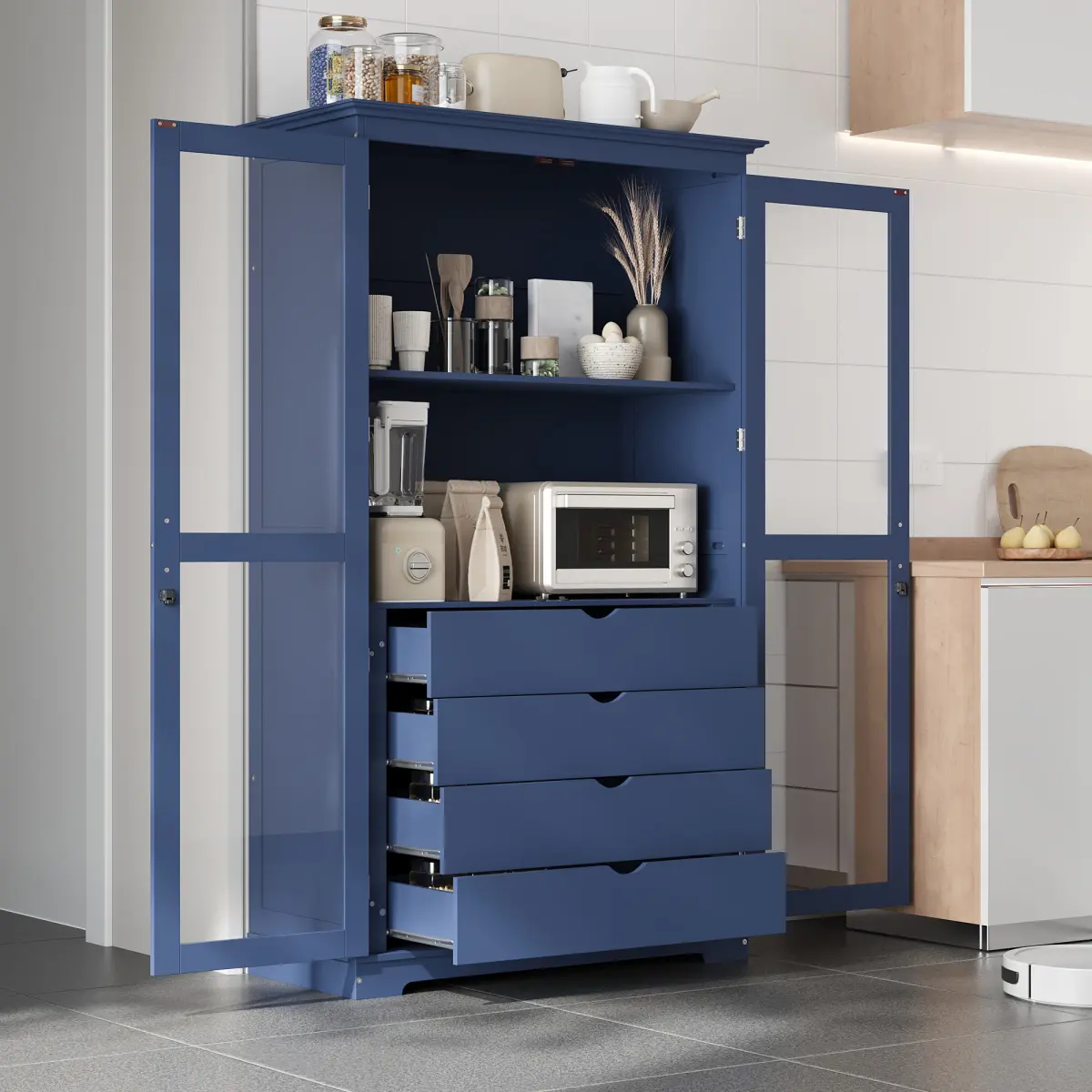 Modern Freestanding Blue Solid Pine Kitchen Pantry Cabinet (44.7x20x75 in) - Indoor Cupboard with Glass Doors, Long Handles, 4 Manual 50 lbs Each Drawer, Easy Access, Assembly Required, Clean Design for Living Room, Dining Room, Wood