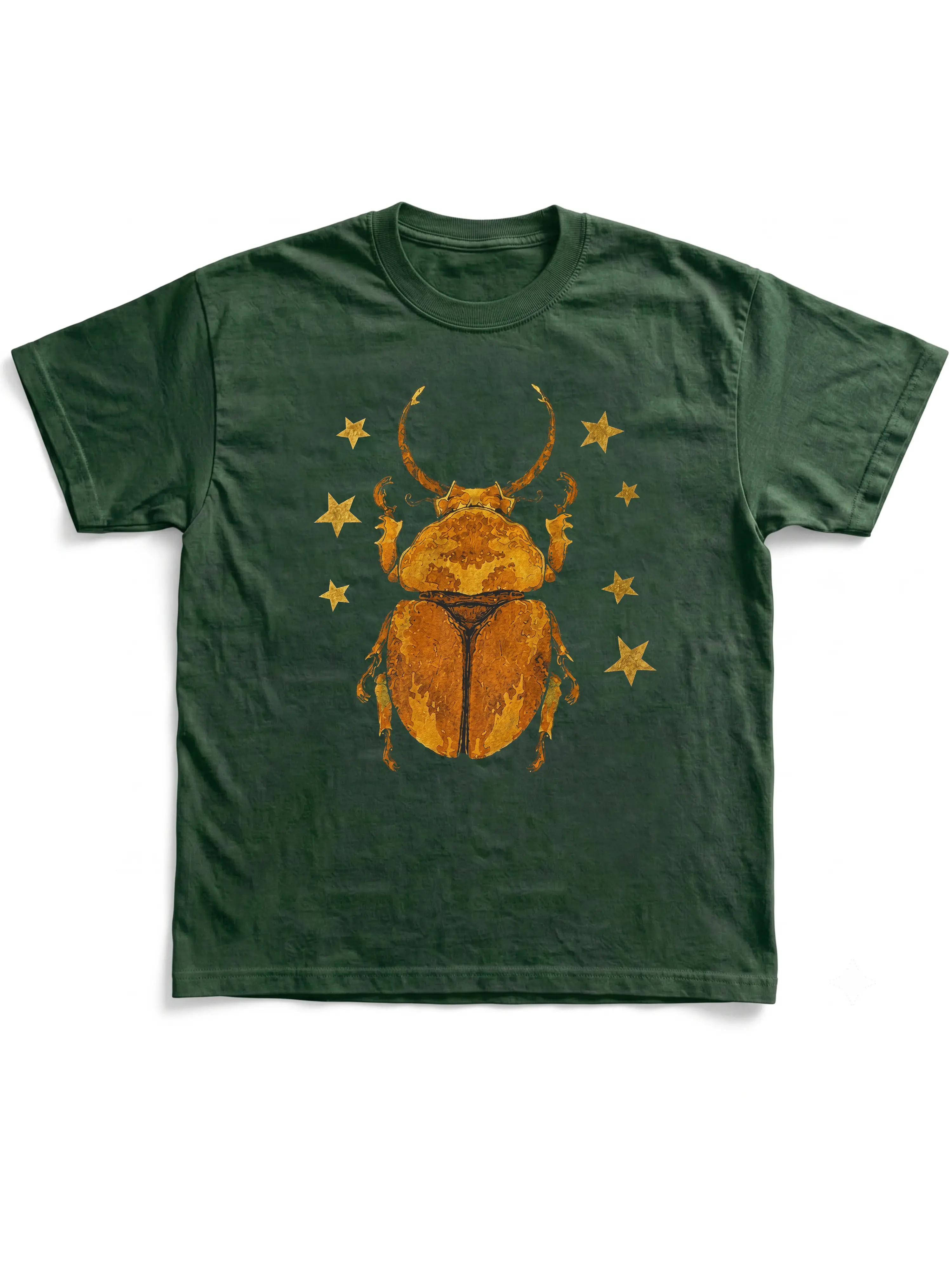 Vintage Y2K Golden Beetle Graphic Tee - Celestial Stars Insect Bug Shirt - Oversized Forest Green Cottagecore Streetwear for Men and Women