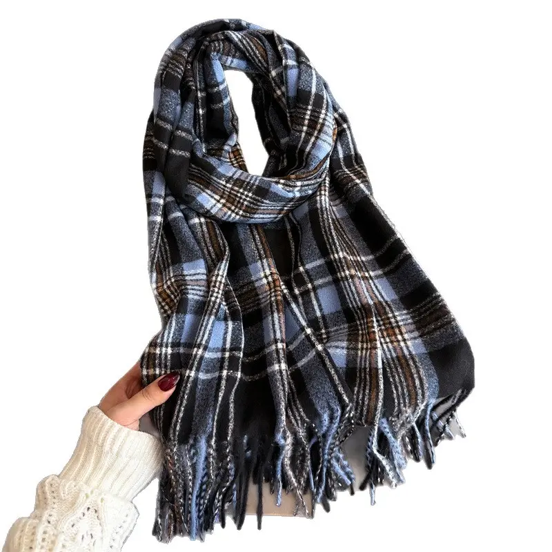 Retro Plaid Premium Cashmere Blend Scarf - Unisex Warm Autumn-Winter Fringed Shawl, Versatile High-End Commuting Accessory