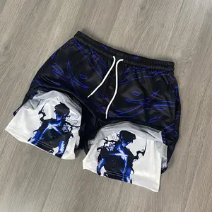 Solo Leveling Sung Jin Woo Men's Regular  Print 2 in 1 Drawstring Waist Shorts,Casual Pocket Track Shorts for Summer,Fashion Men's Bottoms for Daily Wear